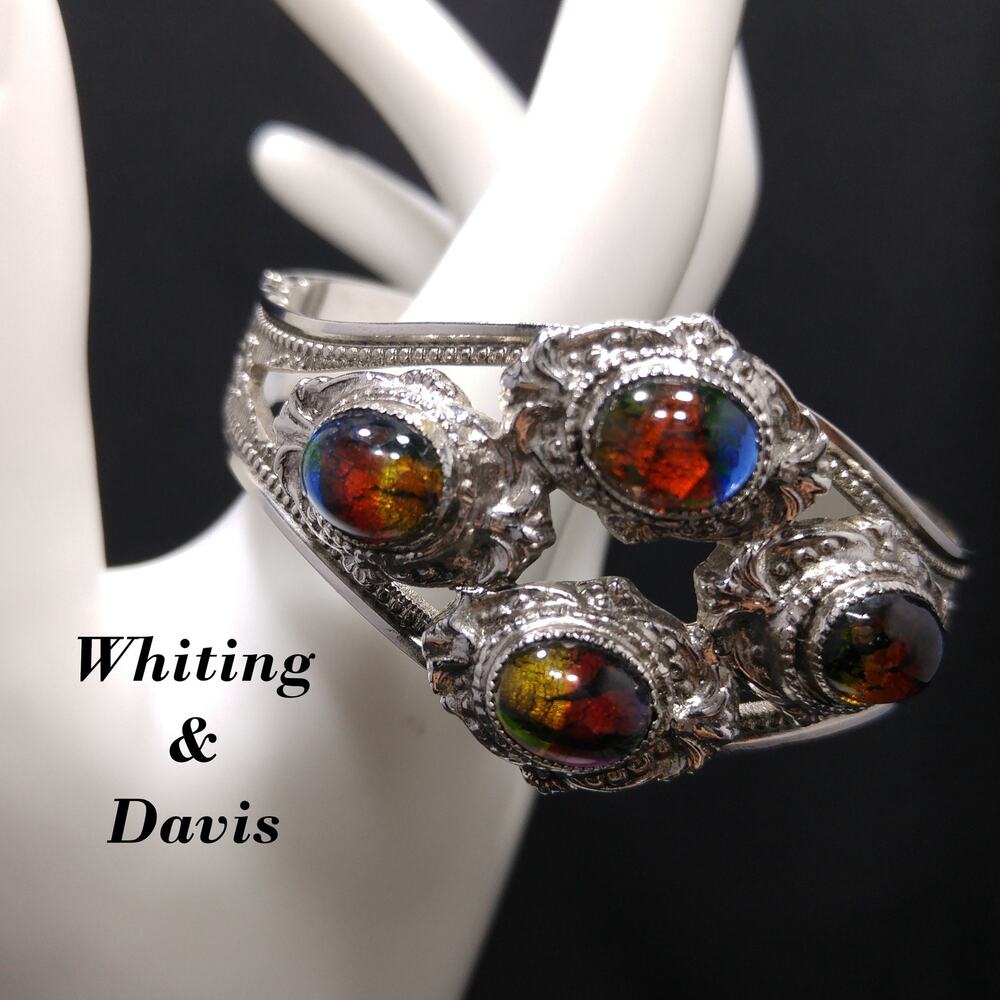 Whiting & Davis Cuff Bracelet, Gold Foil Rainbow Cabochons